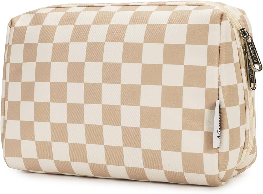 Narwey Checkered Makeup Bag Travel Cosmetic Bag Organizer Toiletry Bag Make Up Bags with Compartments for Women Girls (Large, Light Checkerboard)