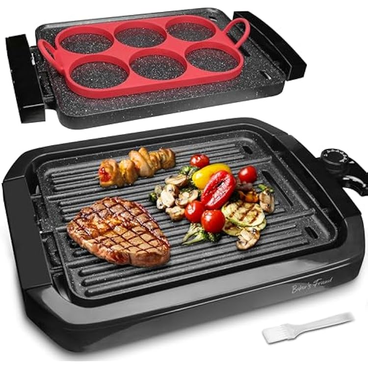 Baker’s Friend Indoor Griddle & Grill, Electric Griddle with 2 in 1 Indoor Grill and Griddle Plate Indoor Grill with Removable Plate, Silicone Mold, Dishwasher Safe, Recipes Include, Graphite