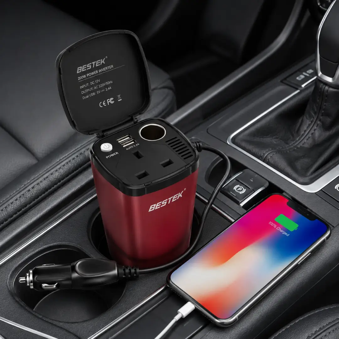 BESTEK 200W Cup Holder Car Power Inverter with Dual USB Ports