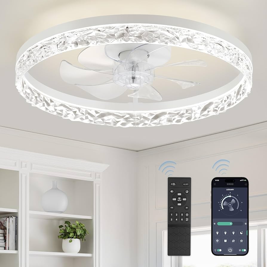 LEDIARY 20 Inch Low Profile Ceiling Fans with Lights and Remote, Fandelier Ceiling Fan Flush Mount, 3000K-6000K Dimmable LED Fan Light, White Modern Ceiling Fans with Lights for Bedroom