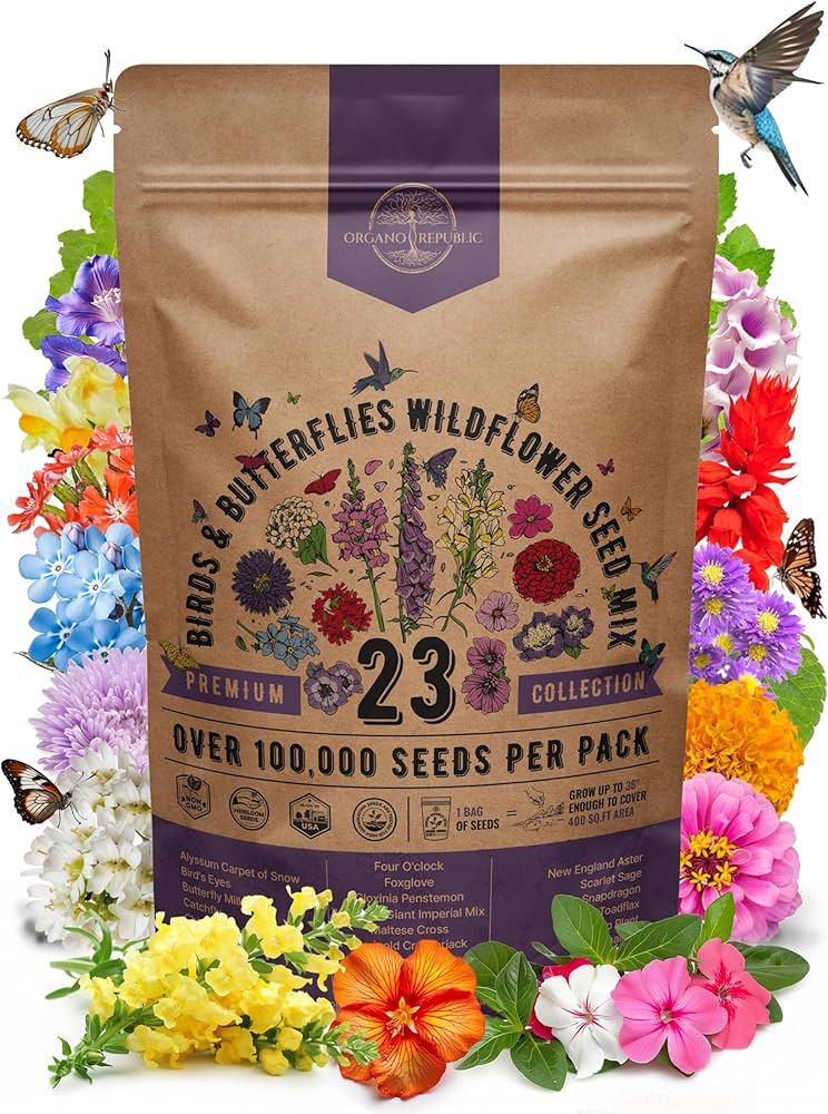 Organo Republic 16 Perennial Wildflower Seeds Mix for Indoor & Outdoors. 100,000+ Non-GMO, Heirloom Wildflower Garden Seeds, 4oz Packet for Growing Wild Flowers to Attract Bees, Butterflies & Birds
