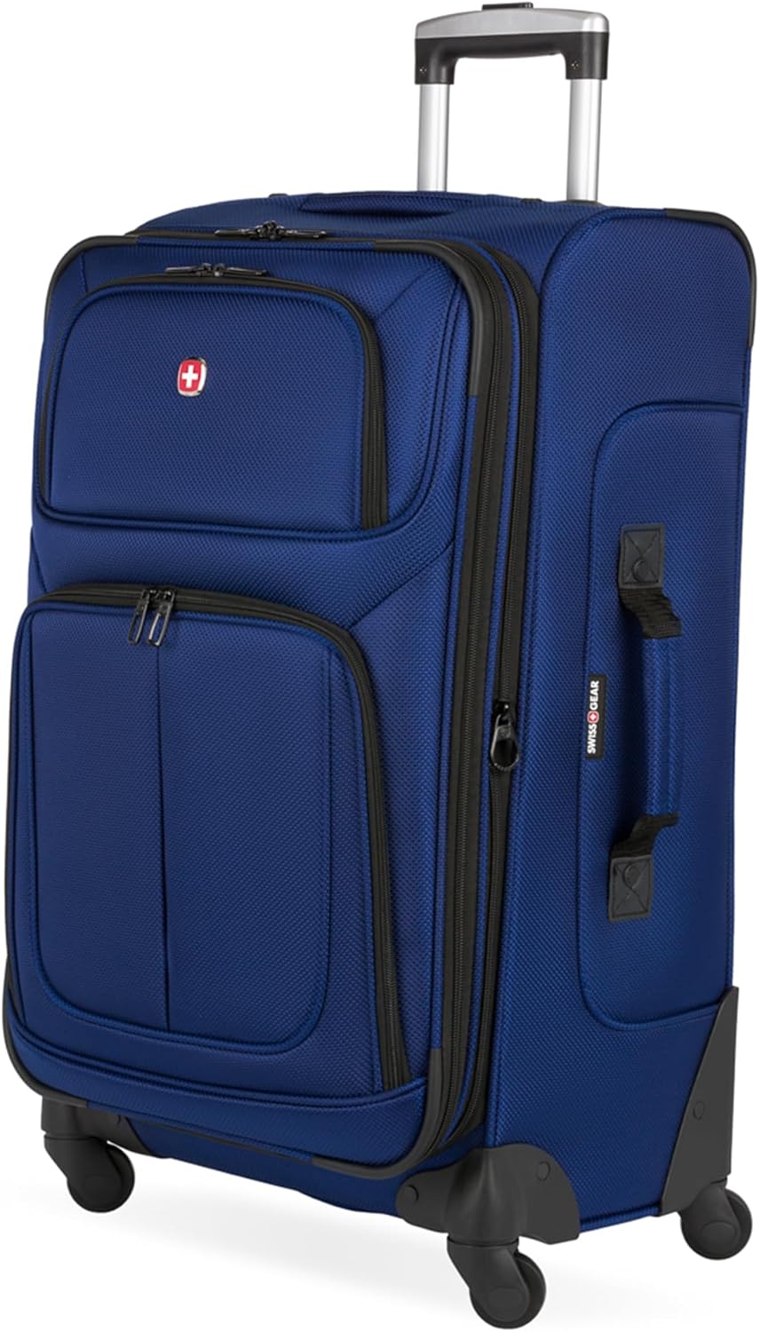 SWISSGEAR Sion Softside Expandable Spinner Luggage Durable Lightweight Travel Suitcase, Blue, Checked-Medium 25-Inch