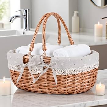 Large Wicker Picnic Basket with Handles,Handle Sturdy Woven Body with Removable and Washable Lining,Outdoor Camping,Gift Packing,Garden Picking, Storage.White Flower