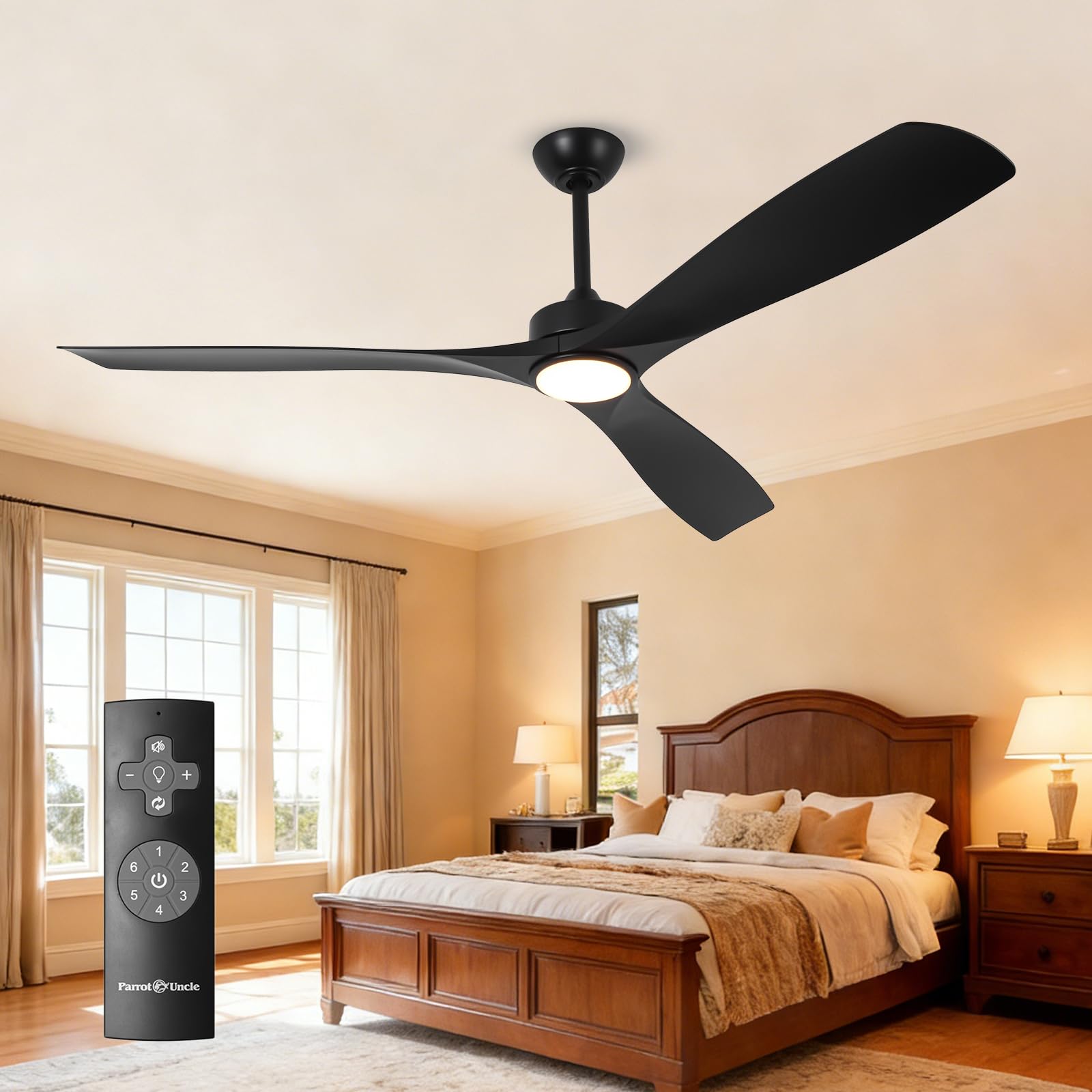 Parrot Uncle 60 Inch Ceiling Fan with Light, Black Ceiling Fans with Lights and Remote, 3 Blades, Reversible DC Motor, High CFM, Dimmable, Modern Indoor Led Ceiling Fan for Bedroom,Offices,ETL Listed