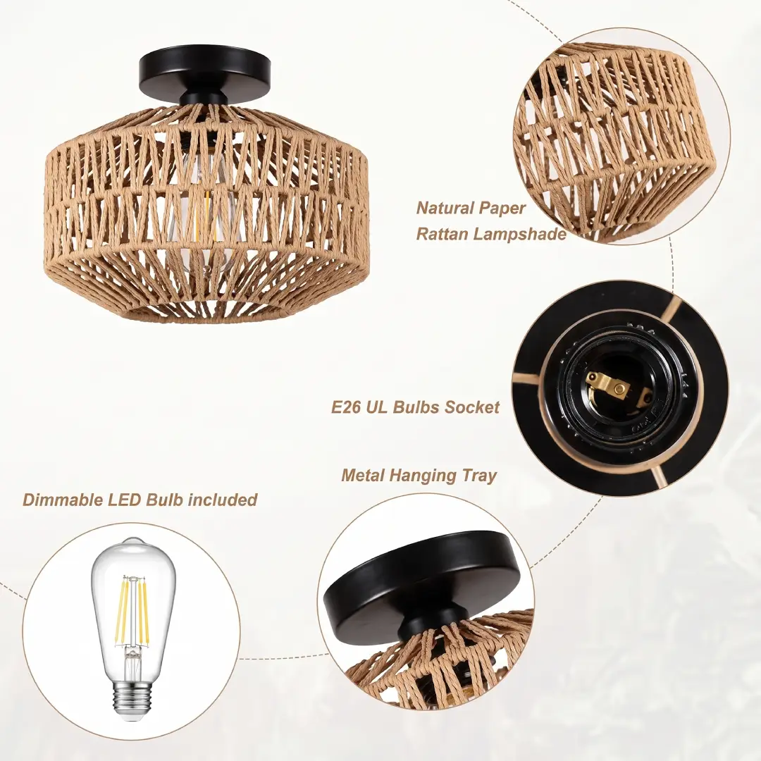Boho Rattan Ceiling Light Fixture with Dimmable LED Bulb image 2