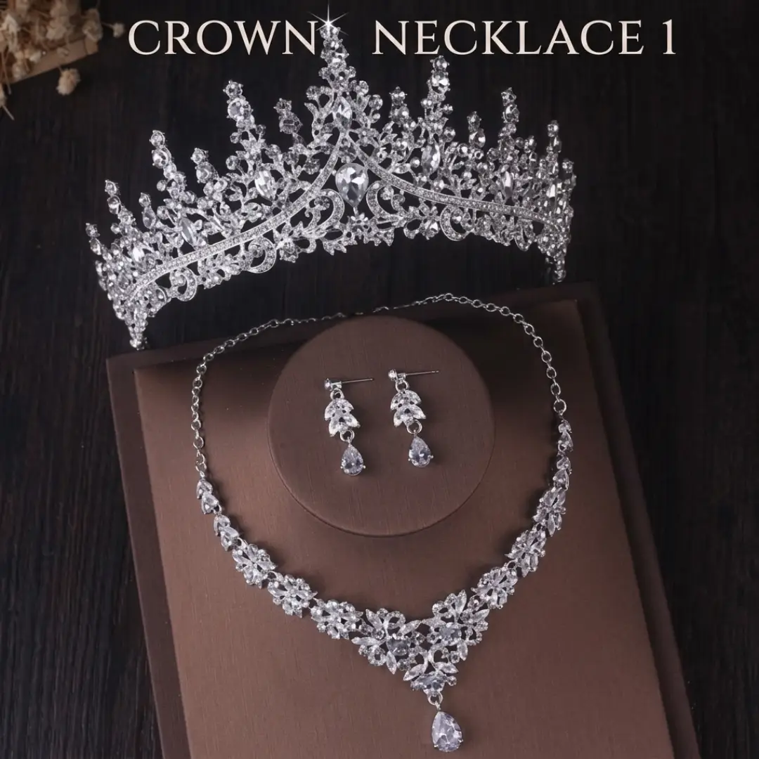 Crystal Crown Necklace and Earring Bridal Jewelry Set 3 Pcs image 1