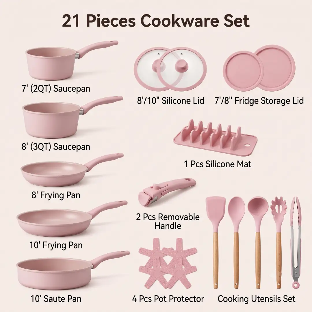 Astercook 21 Pcs Ceramic Nonstick Cookware Set Pink image 2