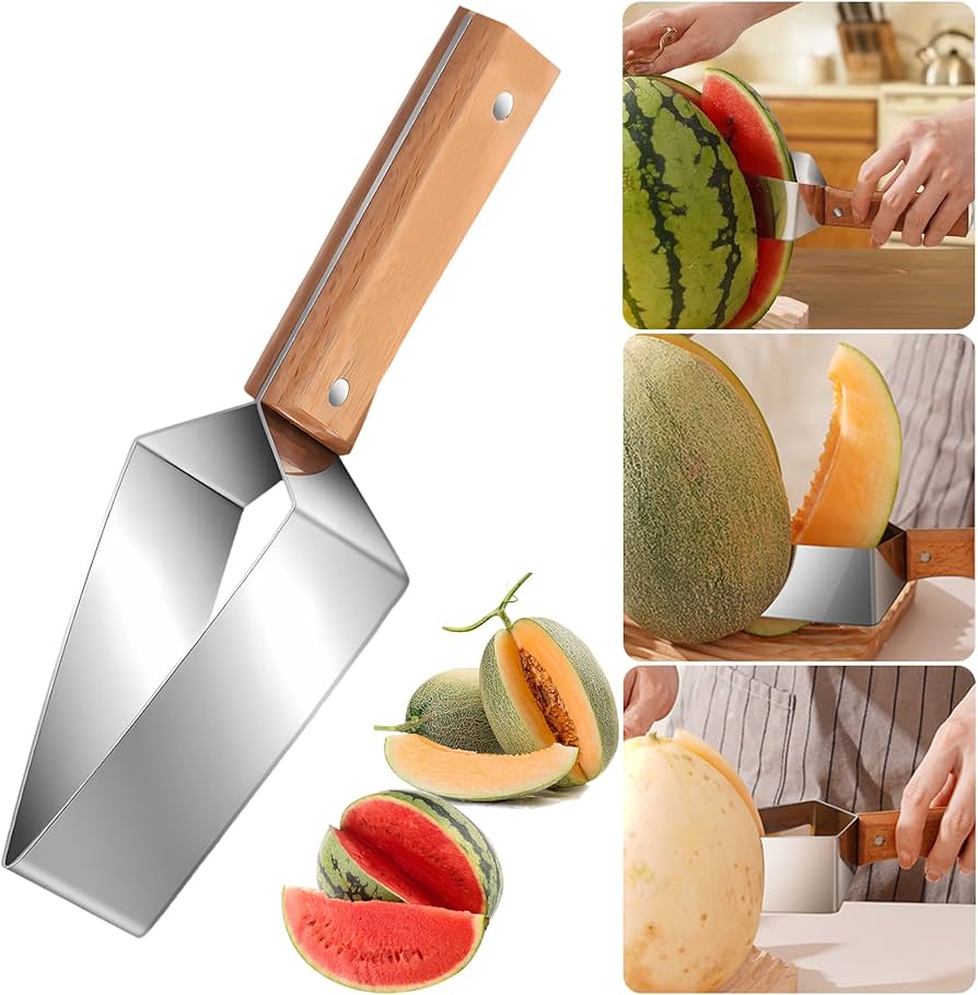 Triangle Watermelon Cutter, Wooden Handle & Stainless Steel Melon Slicer, Fruit Cutter Slicer for Home Kitchen Camping Picnic (1 Pcs)