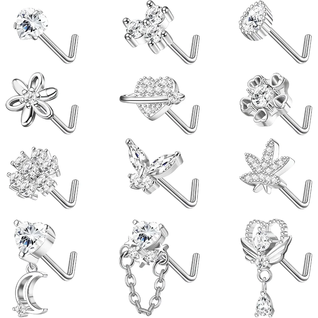 12 Pcs Surgical Steel Nose Rings and Studs Set 20G image 2