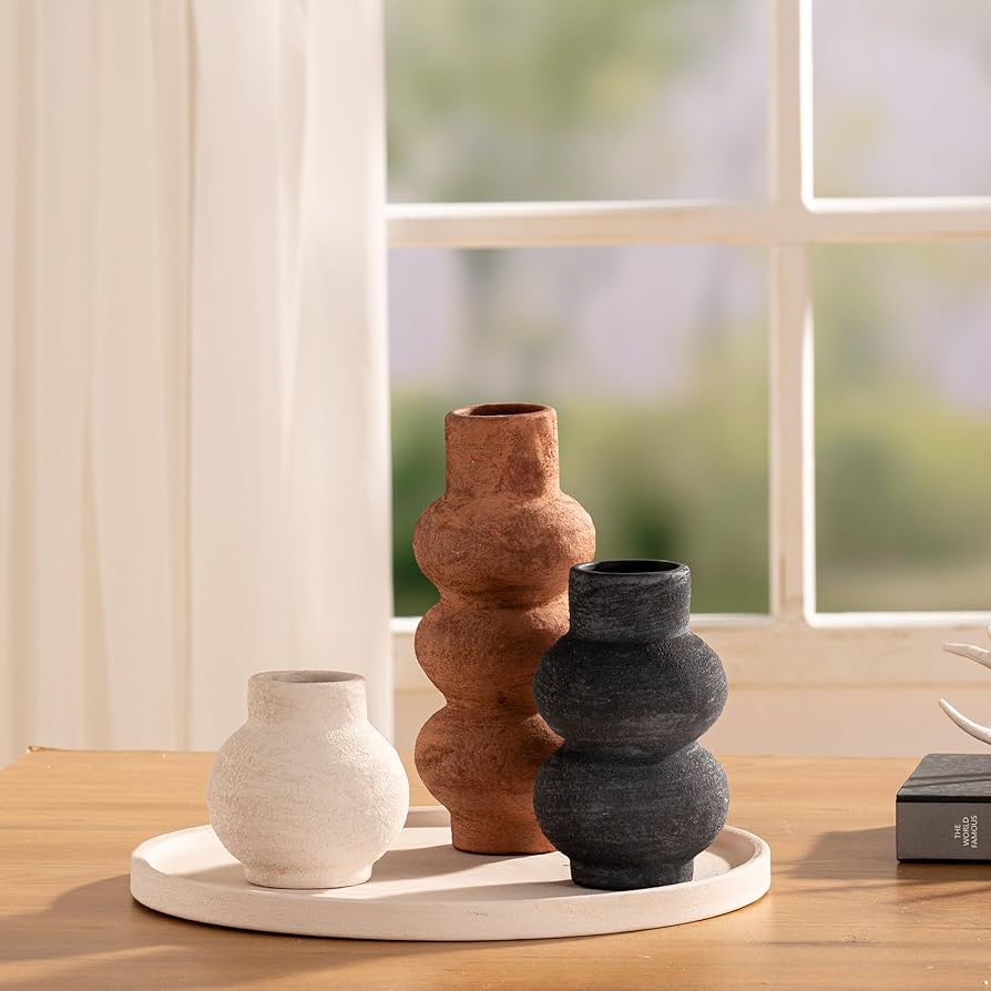 Ceramic Vase Home Table Decor - Flower Vase Set of 3 Living Room Kitchen Decorations Farmhouse Modern Rustic Vases Decorative Centerpiece for Shelf Bedroom Office Bathroom Dining Coffee Desk