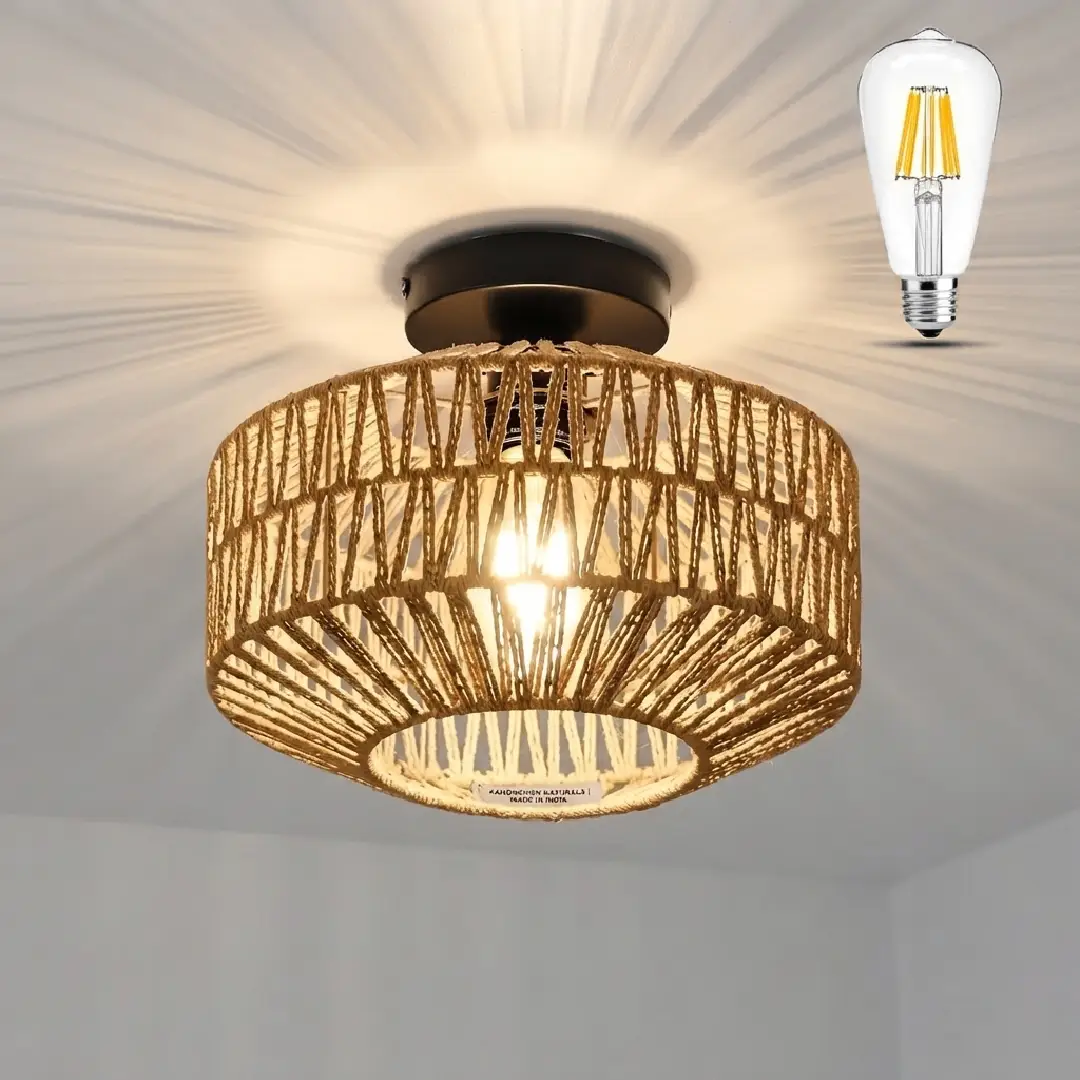 Boho Rattan Ceiling Light Fixture with Dimmable LED Bulb image 6
