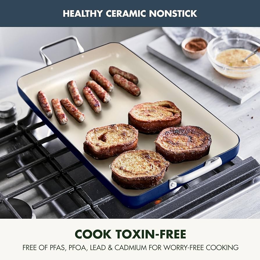 GreenPan 18" x 11" Double Burner Griddle Pan, Hard Anodized Healthy Ceramic Nonstick PFAS-Free, Stainless Steel Handles, Stovetop Cooking, Dishwasher Safe, Oven & Broiler Safe Cookware, Black