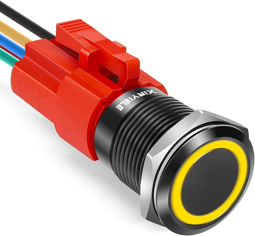 16MM Latching 12V Push Button Switch On Off,Waterproof with LED Light Power Button Switch for car，0.63" Mounting Hole with Wire Socket Plug Self-Locking(Ring Red LED/Black Shell