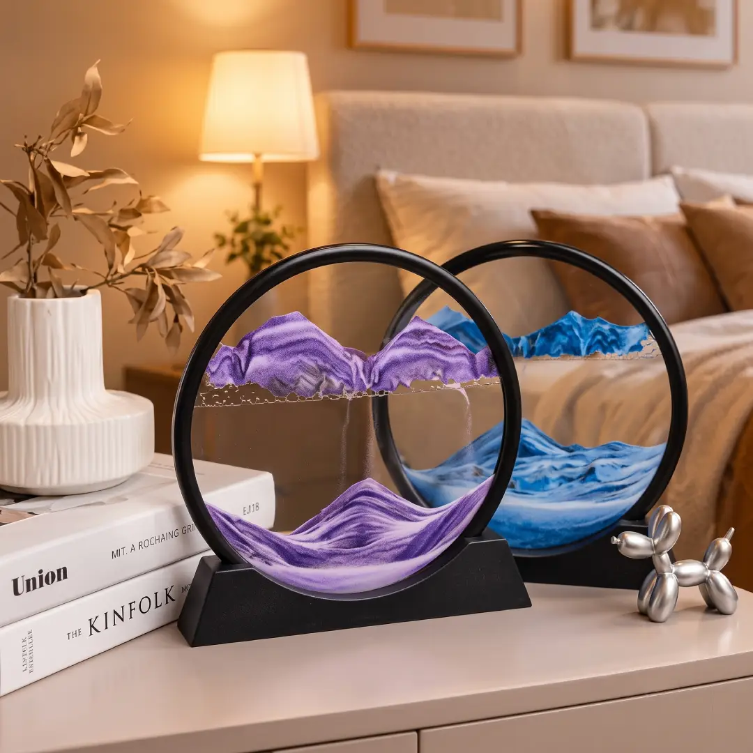3D Moving Sand Art Picture – 7 Inch Round Glass Liquid Motion Sandscape Desk Decor image 3