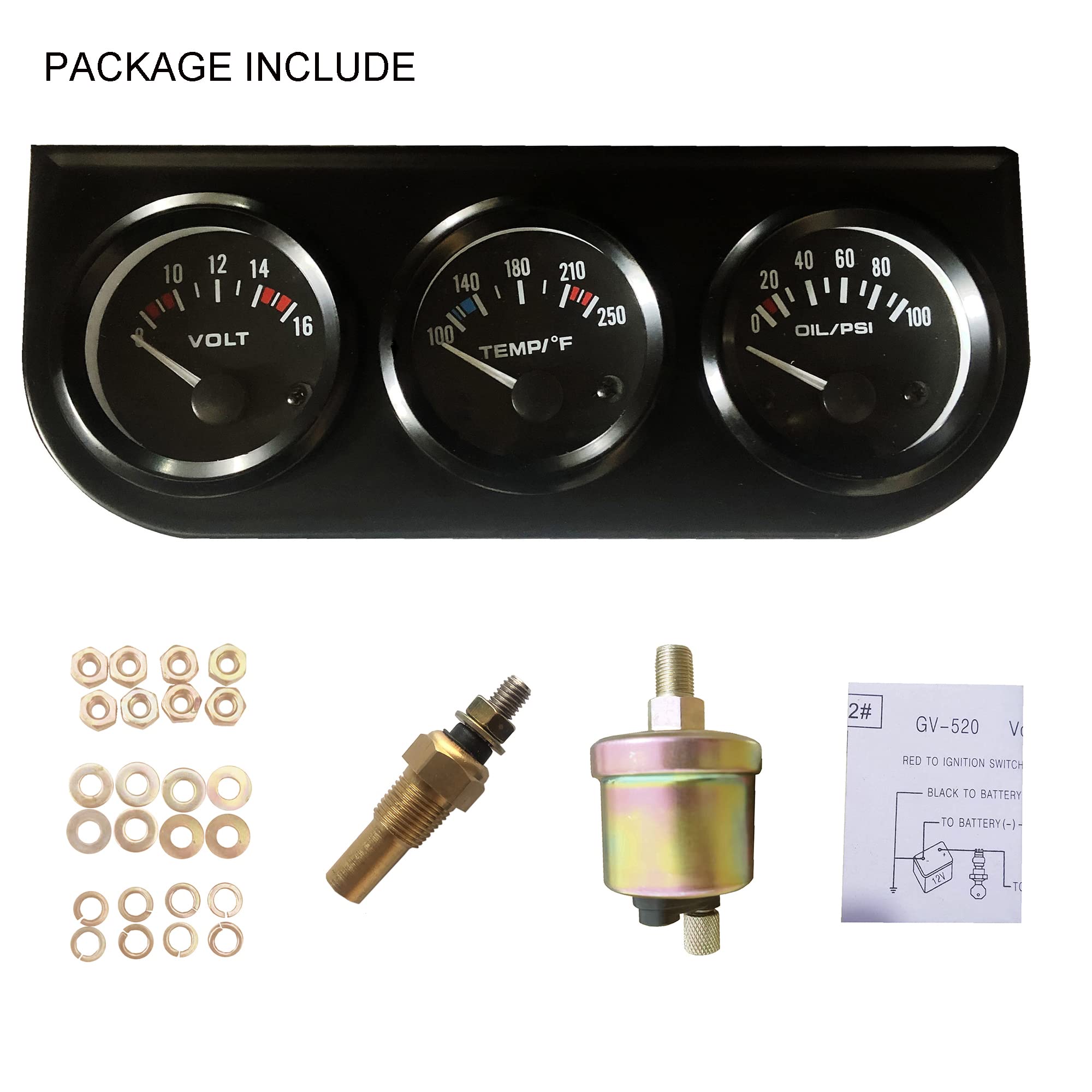 Universal 52mm 3-in-1 Car Dashboard Gauge Kit – Voltage, Water Temp & Oil Pressure Meters – Triple Gauge Set for 12V Vehicles (Black)