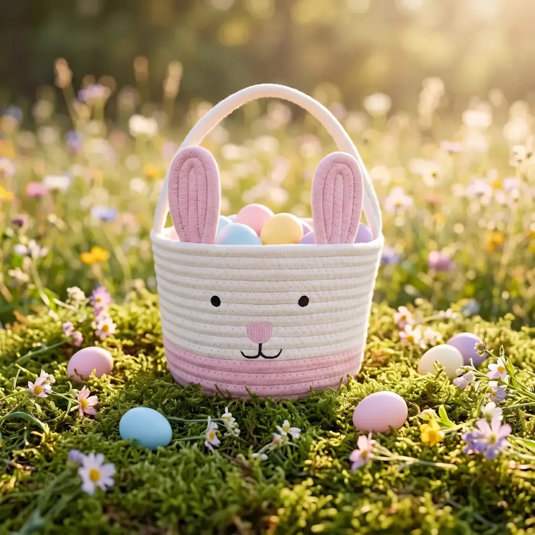 Cute Bunny Easter Basket for Kids Egg Hunting Pink and White image 4