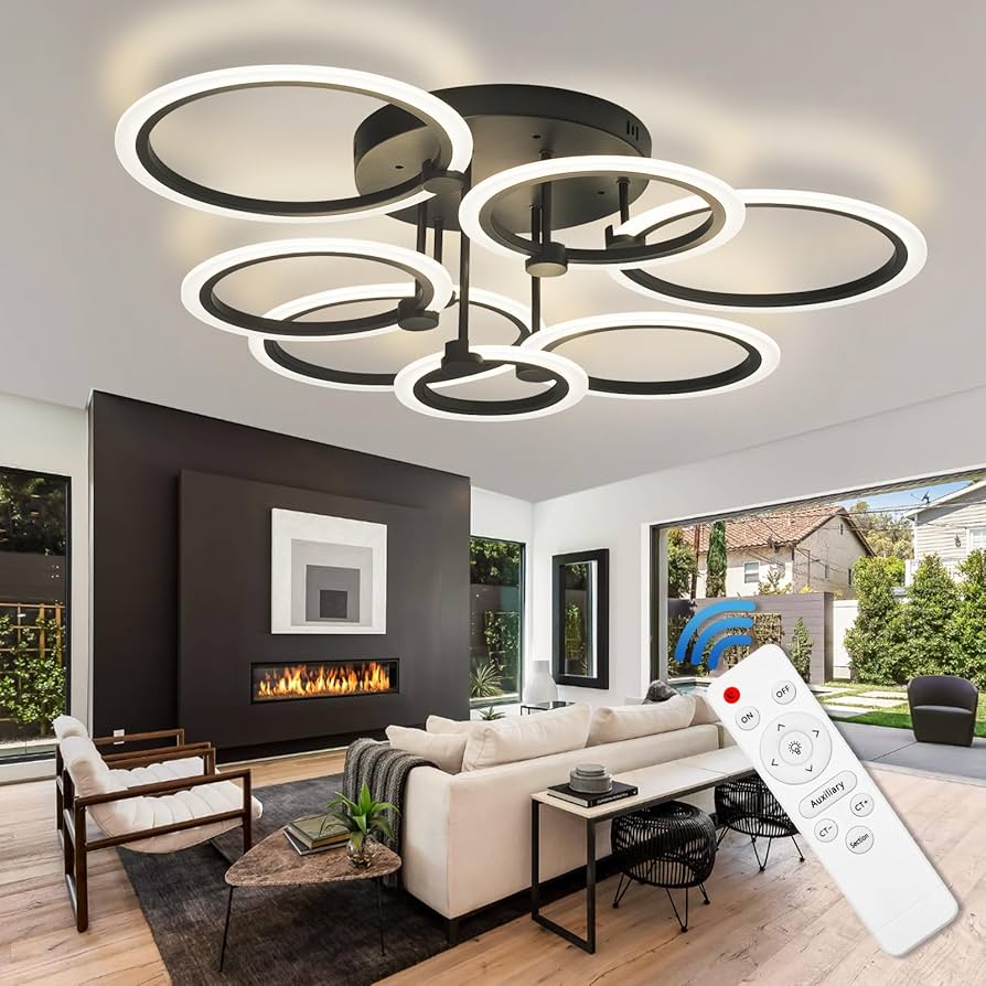 Modern LED Ceiling Light 7 Rings Dimmable Fixtures with Remote Black Close to Ceiling Light 31.8" 130W 3000K-6500K Flush Mount Ceiling Lamp for Living Room,Bedroom,Kitchen