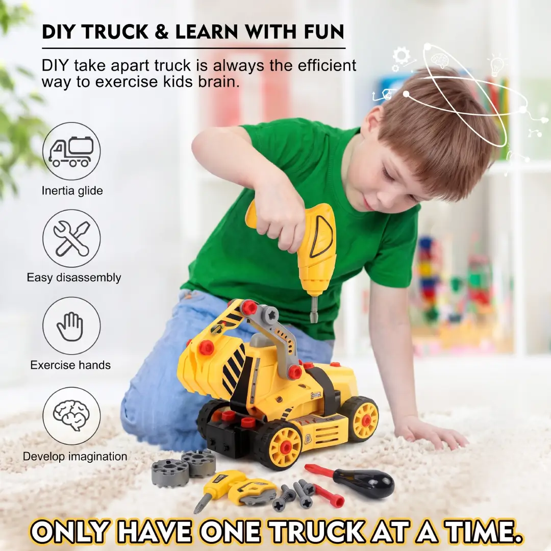 7-in-1 Take Apart Construction Truck Set with Electric Drill – STEM Toy for Kids image 7