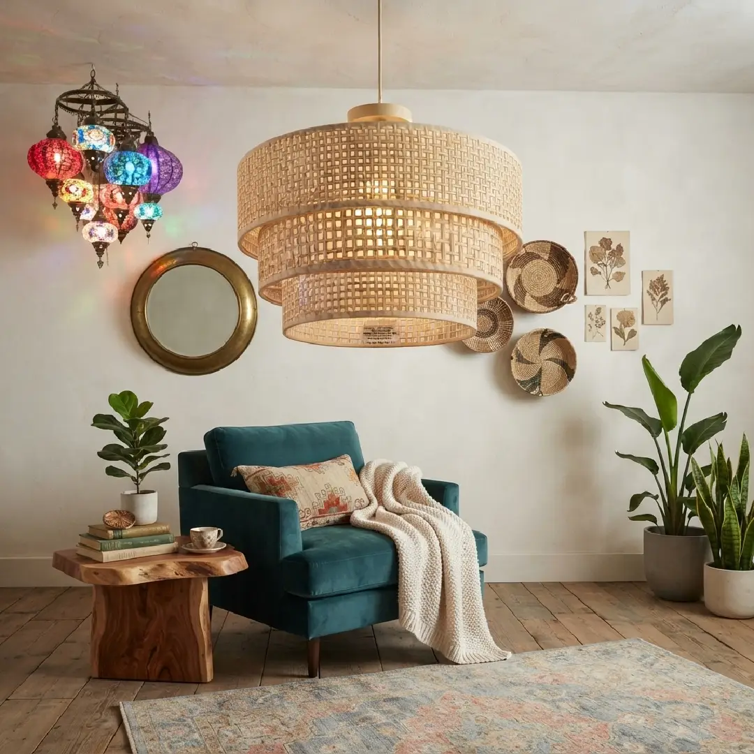Boho Rattan Lamp Shade Replacement 3-Tier Drum Cover image 5