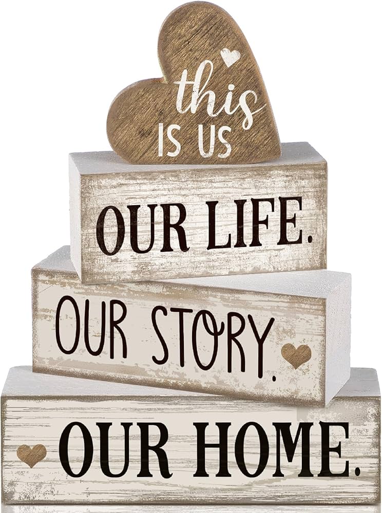 Conelist 4 Pcs Farmhouse Wooden Heart Tabletop Decor Farmhouse Tiered Tray Decor This is Us Centerpiece Decorative Rustic Our Home Block Sign Gift for Home Table Kitchen Shelf Decoration