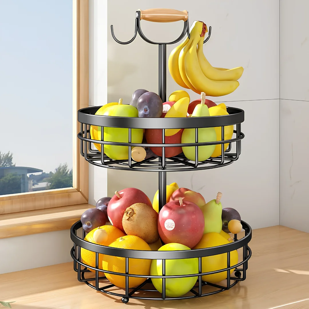 2 Tier Fruit Basket for Kitchen Counter with Banana Hangers image 4