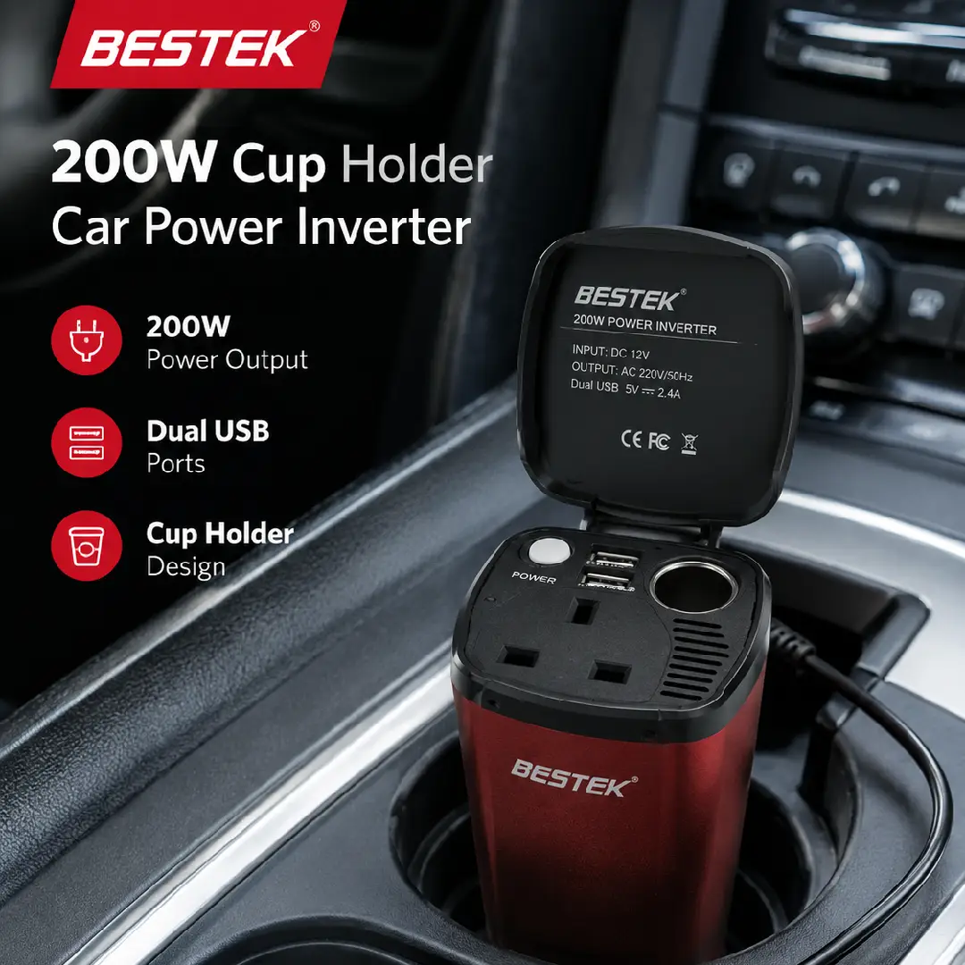 BESTEK 200W Cup Holder Car Power Inverter with Dual USB Ports image 5