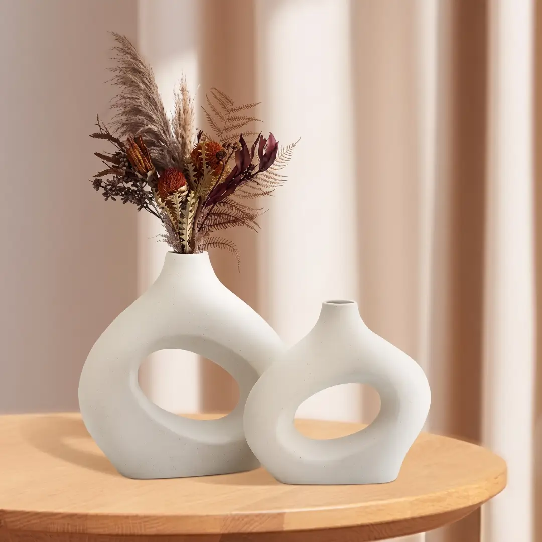 White Ceramic Donut Vase Set of 2 for Modern Home Decor image 2