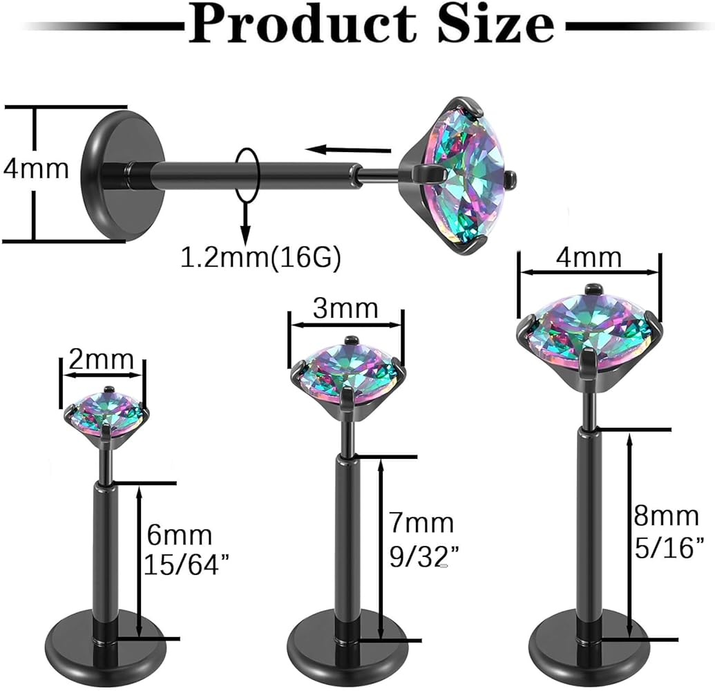 Gotumo 16G 18G 20G Flat Back Earrings Stud Threadless Nose Rings Tragus Labret Cartilage Lip Medusa Conch Body Piercing Jewelry Hypoallergenic for Women Men