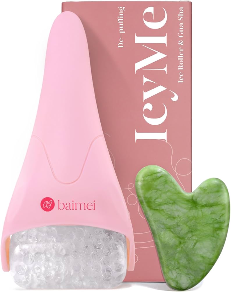 BAIMEI IcyMe Ice Roller for Face and Gua Sha Facial Tool Set, Ice Face Roller Reduces Puffiness Relieves Migraines Skin Care Tools, Self Care for Women - Pink