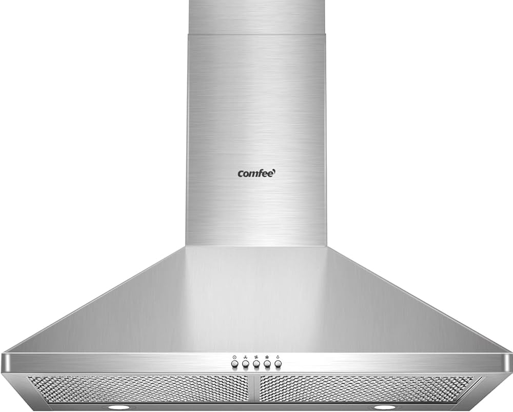 COMFEE' CVP30W6AST Ducted Pyramid Range 450 CFM Stainless Steel Wall Mount Vent Hood with 3 Speed Exhaust Fan, 5-Layer Aluminum Permanent Filters, Two LED Lights, Convertible to Ductless, 30 inches