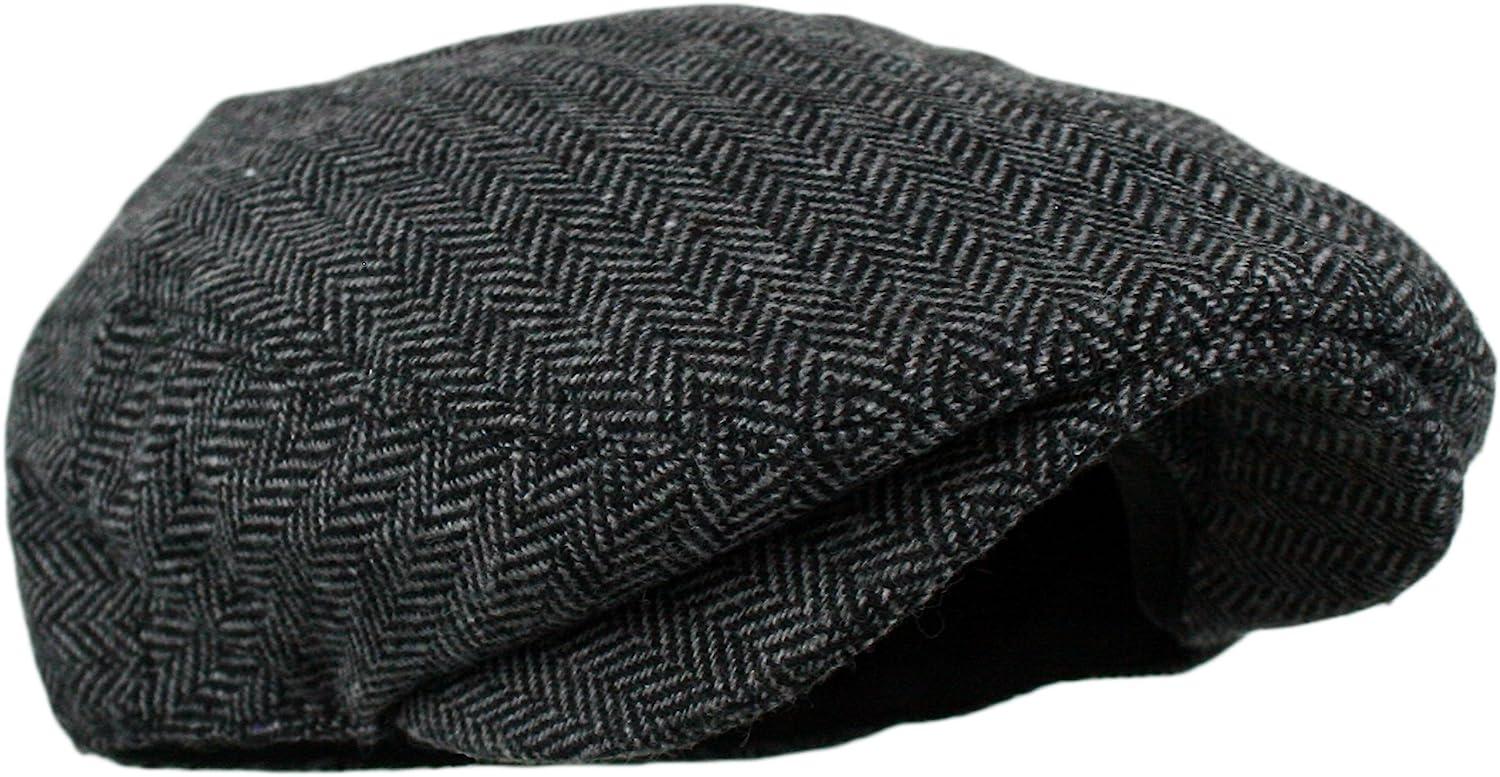 Wonderful Fashion Men's Classic Herringbone Tweed Wool Blend Newsboy Ivy Hat (Large/X-Large, Charcoal)