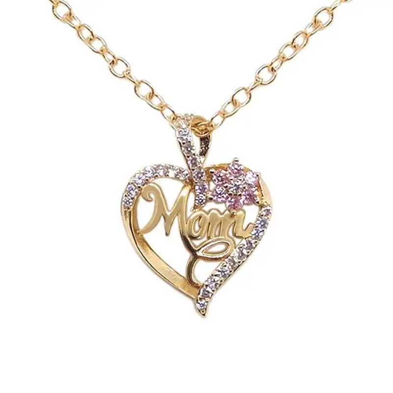 Gold-Plated Mom Heart Necklace with Cubic Zirconia - Dainty Valentine's Day Gift for Women Fashion Jewelry