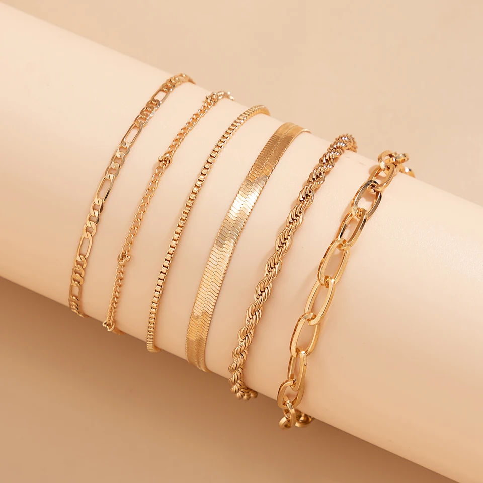 5 Piece Mixed Chain Anklet Set, Bohemian Flat Snake and Twist Bracelets, Layered Summer Foot Jewelry for Women