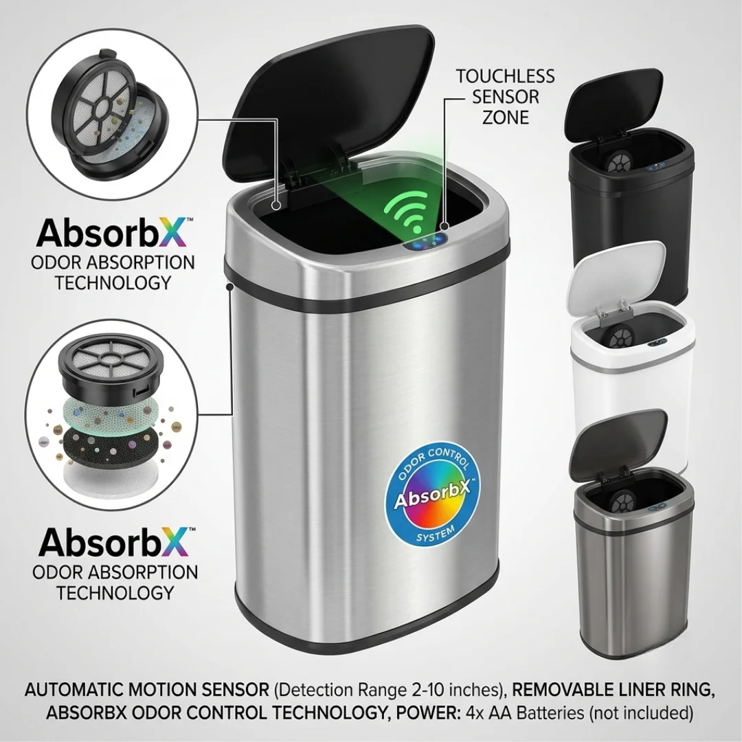 13 Gallon Touchless Trash Can with Lid Stainless Steel Automatic Garbage Can image 2