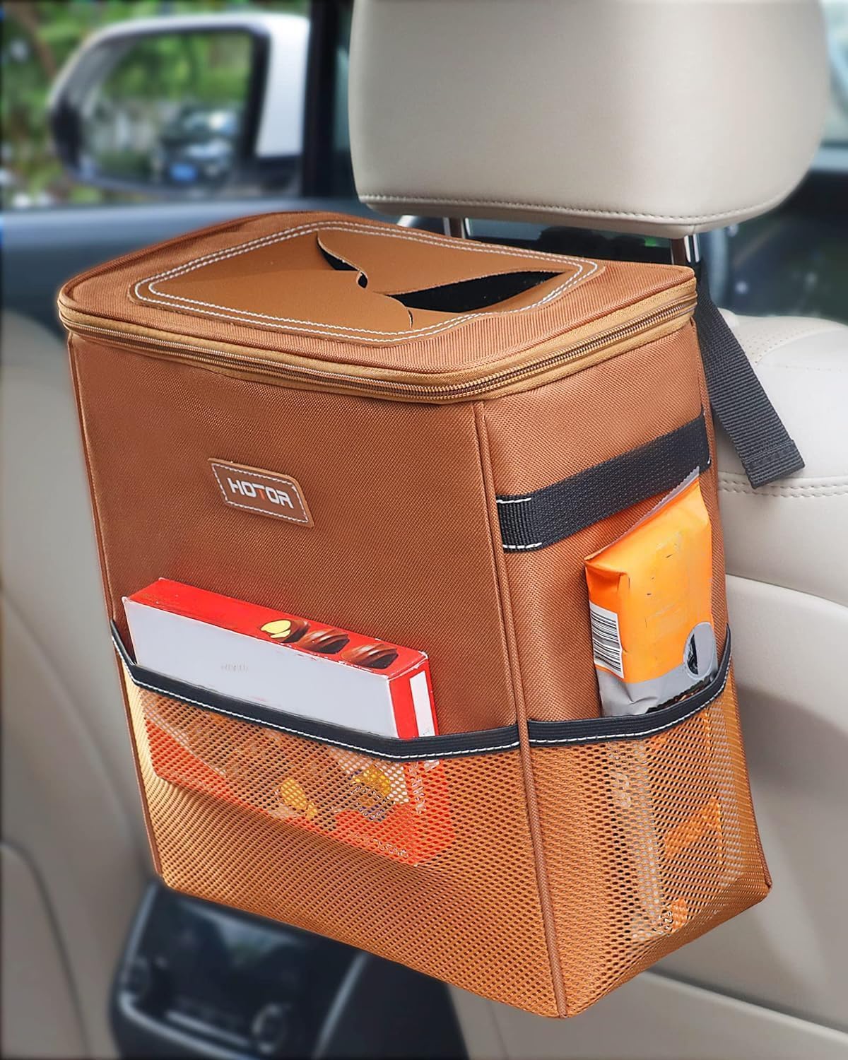 HOTOR Brown Car Trash Can with Adjustable Strap, Magnetic Snaps, Waterproof Lining, and Storage Pocket