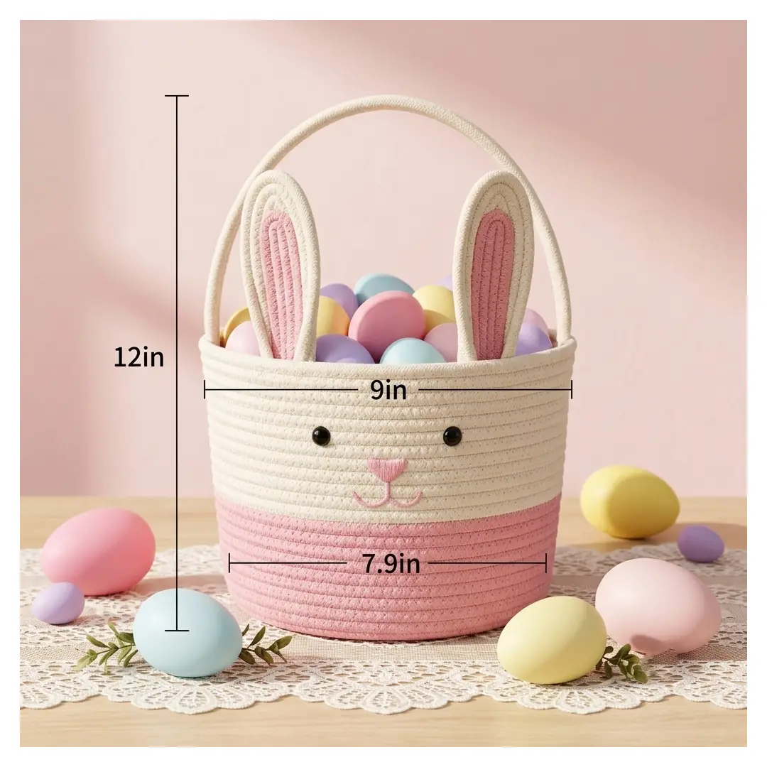 Cute Bunny Easter Basket for Kids Egg Hunting Pink and White image 2
