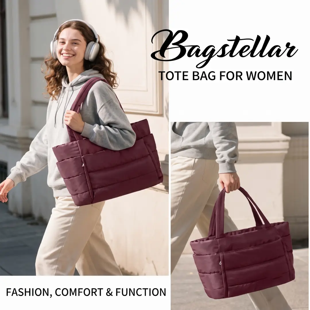 Bagstellar Puffer Tote Bag for Women with Laptop and Tumbler Holder image 2