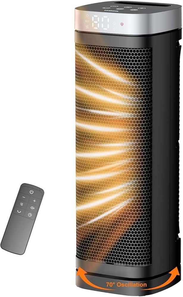 Space Heater, WINHL 17 Inches Electric Heaters for Indoor Use with Thermostat and Remote, 70°Oscillation, 12H Timer, 5 Modes, 1500W PTC Ceramic Fast Safety Heat for Office Bedroom Home
