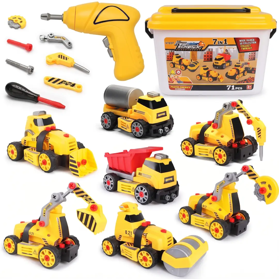 7-in-1 Take Apart Construction Truck Set with Electric Drill – STEM Toy for Kids