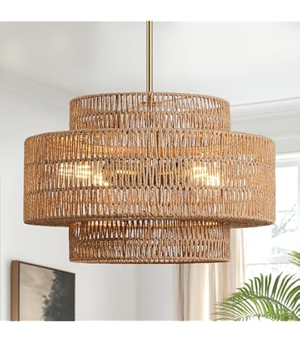 Boho Rattan Lamp Shades for Pendant Light Chandelier Floor Lamps Replacement,Rustic 3-Tier Drum Lamp Shade with Hand-Woven Rattan for Living Room Kitchen Dining Room Office Hotel.