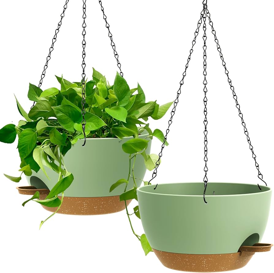 UOUZ 13 Inch 2 Pack Large Self Watering Hanging Planters for Indoor Outdoor Plants, Hanging Plant Pots with Removable 50 Oz Reservoir, Plastic Hanging Basket for Window Porch Garden, White with Brown