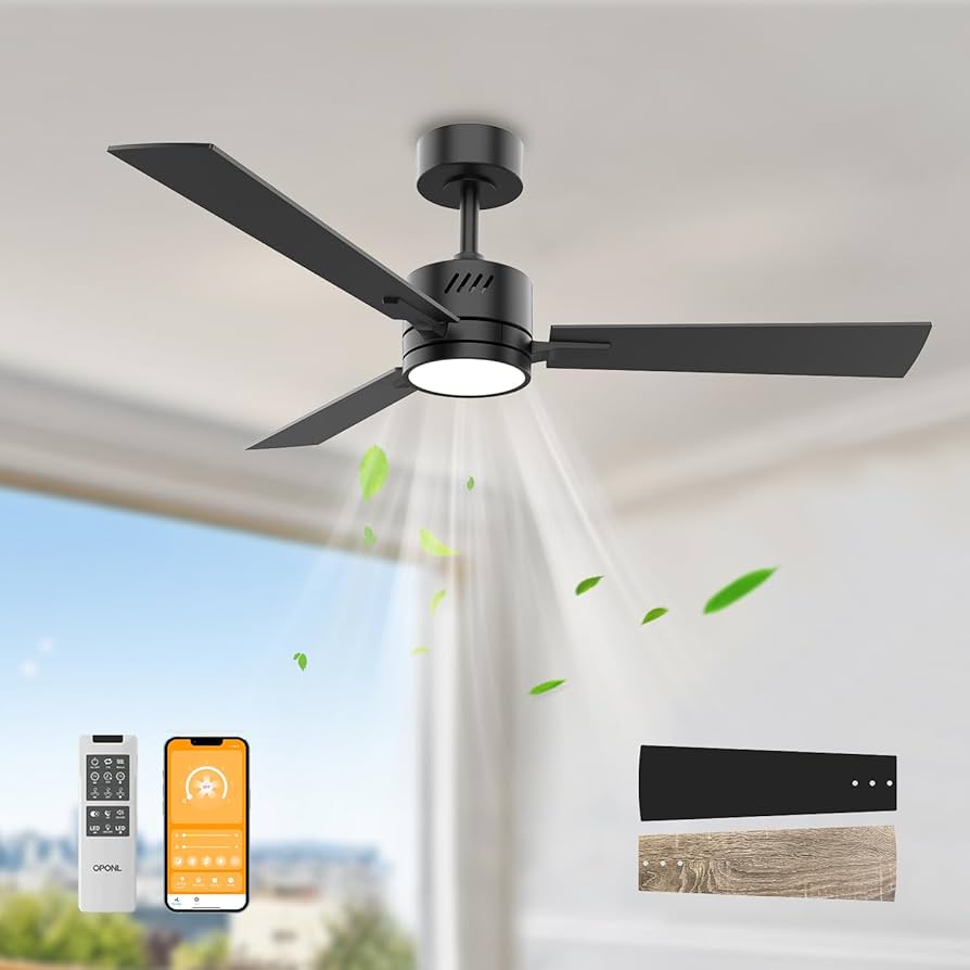 OPONL 42 Inch Ceiling Fans with Light, Black Low Profile Ceiling Fan with Light, Remote Control, Flush Mount, Reversible, 6CCT, Dimmable, Noiseless, Modern Ceiling Fan for Bedroom, Indoor/Outdoor Use