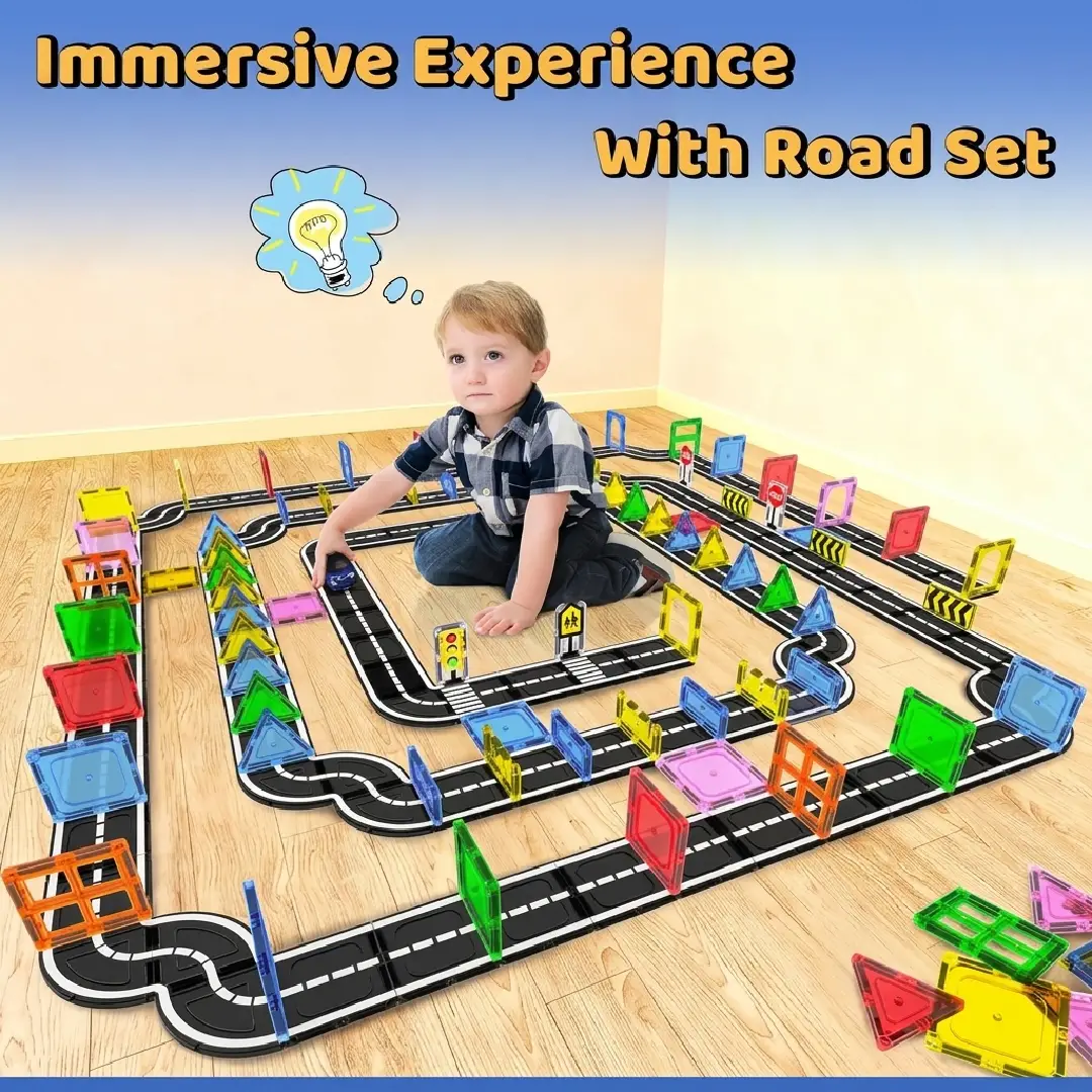 Magnetic Tiles Road Building Set – 106-Piece Magnetic Building Blocks STEM Toy for Kids Ages 3+ image 2