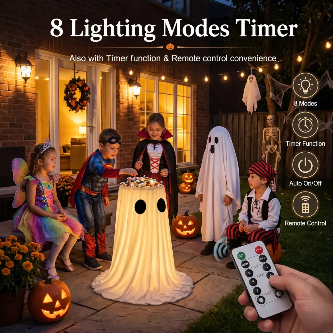 30-Inch Lighted Halloween Ghost Candy Bowl with Timer & Remote image 6