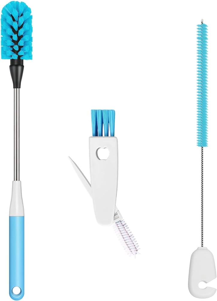 3-in-1 Bottle Brush, 15 Inches Long Handle Kitchen Water Bottle Brush, Stainless Steel Bottle Cleaner Brush with Straw Brush & Lid Brushe for Cleaning Wine Glasses,Coffee Mugs,Tumblers,Wine Decanters