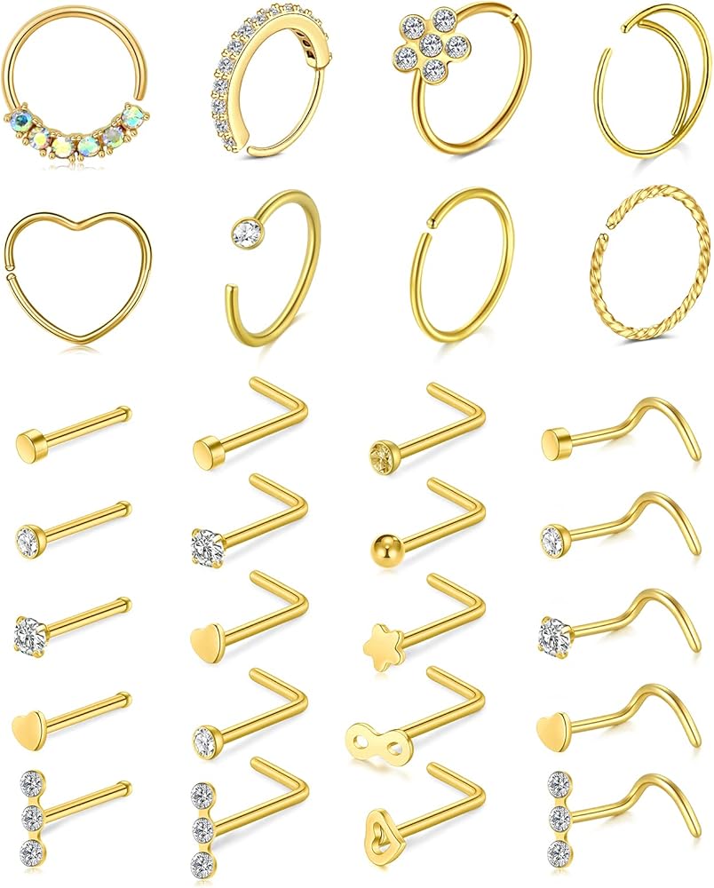 Jstyle 18Pcs Nose Rings for Women Men 14K Gold - 20G 18G Hypoallergenic Surgical Steel Nose Rings Hoops L Shaped Studs Hypoallergenic Snake Opal CZ Geometric Nostril Piercing Jewelry