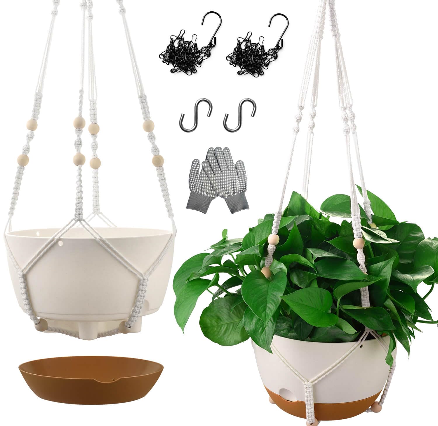 Set of 2-10 Inch Hanging Planters for Indoor Plants with Self-Watering Includes Hanging Pots for Plants, Outdoor Hanging Plant Pot with Drainage, and 2 Types of Hanging Baskets Hangers (White, 10inch)
