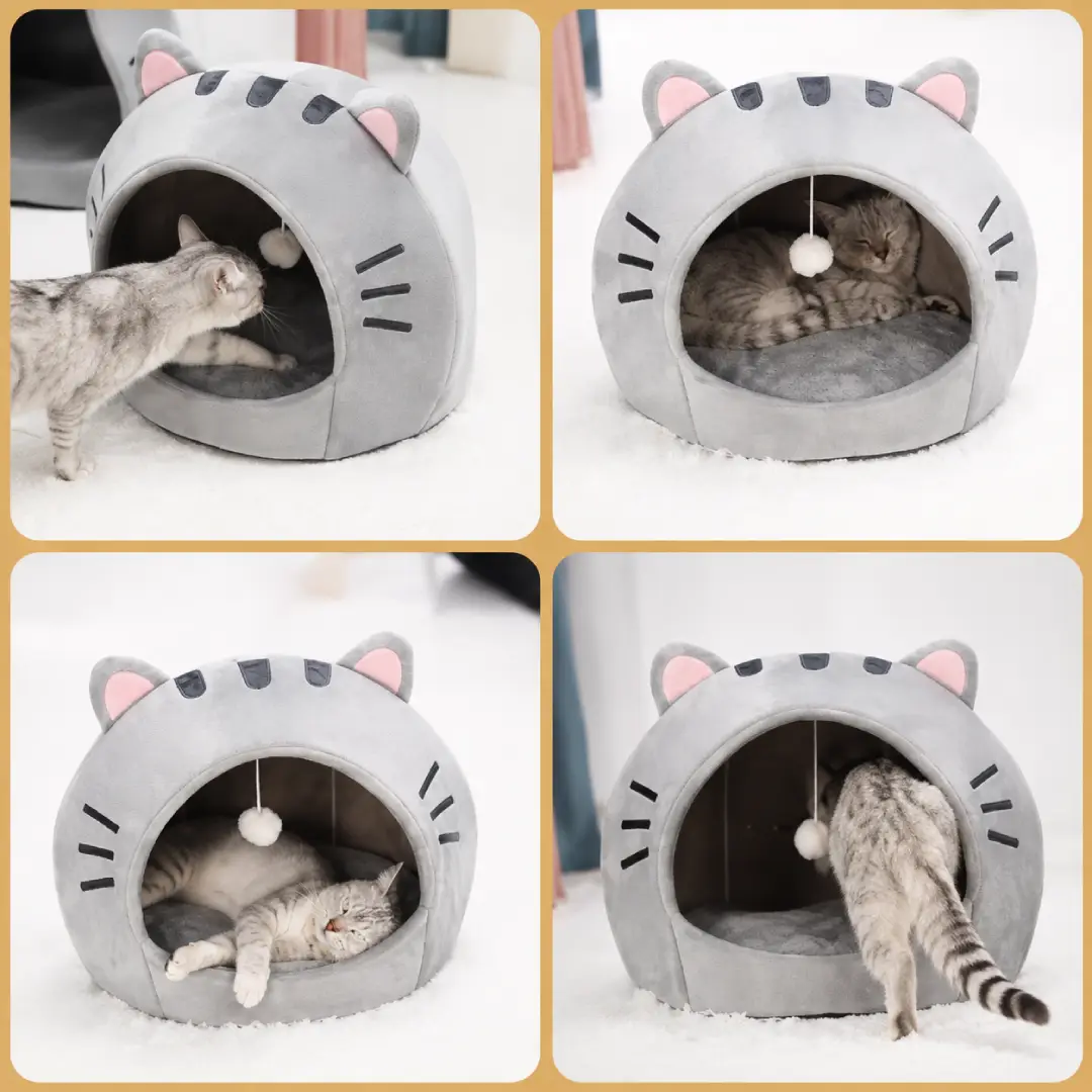 Cozy Cartoon Cat Cave Bed for Small & Medium Cats – Covered Pet House with Cushion image 4