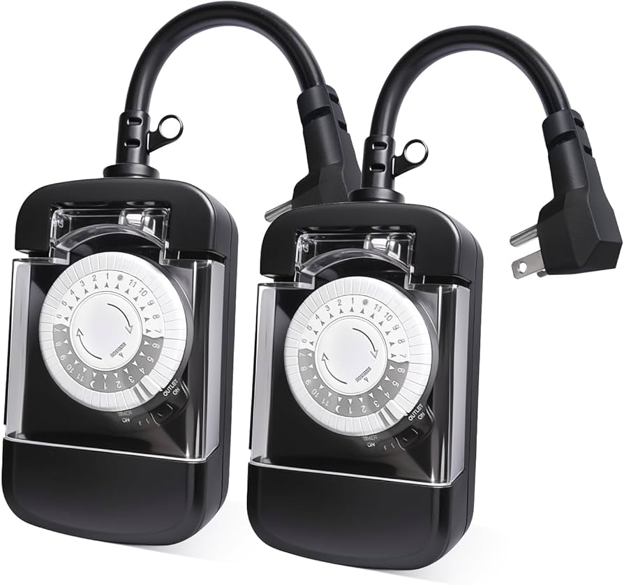 24 Hour Outdoor Mechanical Timer Switch with Two Ground Outlets, Variable On/Off Setting Every 30 Minutes, 48 Pin Setting Dial, Up to 24 Events Per Day,ETL Listed,Black