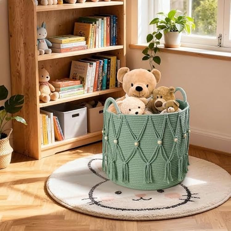 Blanket Basket for Living Room Decor Storage Basket for Toy Organizer Boho Decor Baskets for Modern Farmhouse Decor Small Laundry Basket for Bedroom and Laundry Room Organization,Green
